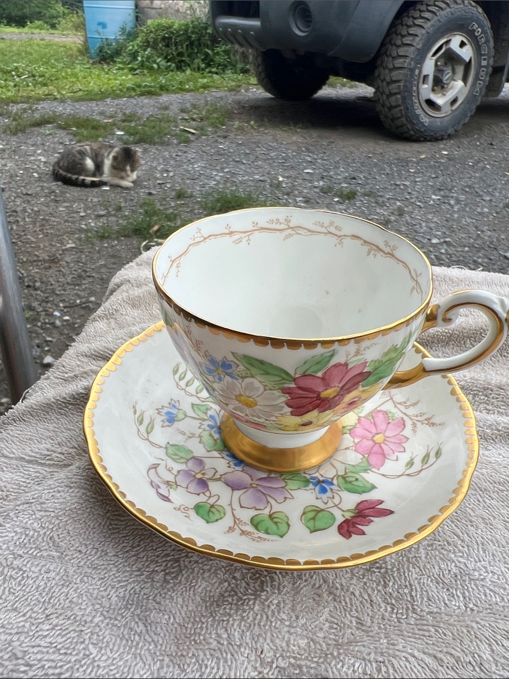Vintage Floral Gold-Trim Teacup and Saucer Set